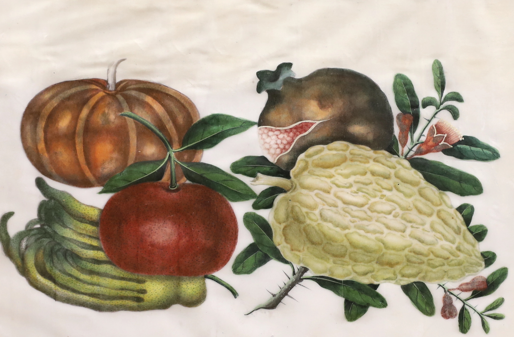 19th century Chinese School, pair of pith paper paintings, Still lifes of fruit, each 17 x 26cm